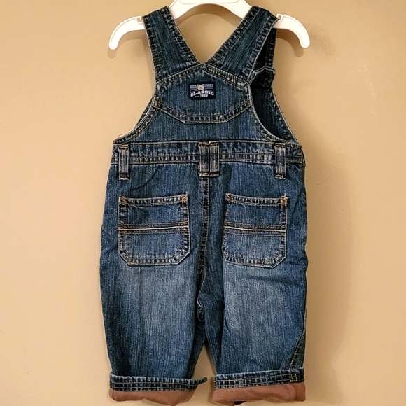 Lined denim overalls with embrodiered teddy bear on front - Picture 2 of 5